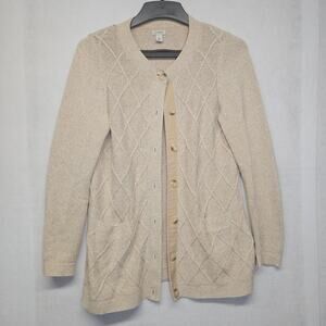 L.L. Bean Button Front Cardigan Sweater Size Medium Oatmeal Beige Cotton